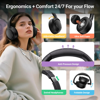 Hybrid Active Noise Cancelling Headphones Wireless Bluetooth over Ear - 50Db ANC, 120H Playback, 6-MIC ENC Clear Calls, Hi-Res 360° Spatial Audio, Foldable Comfort for Travel Office